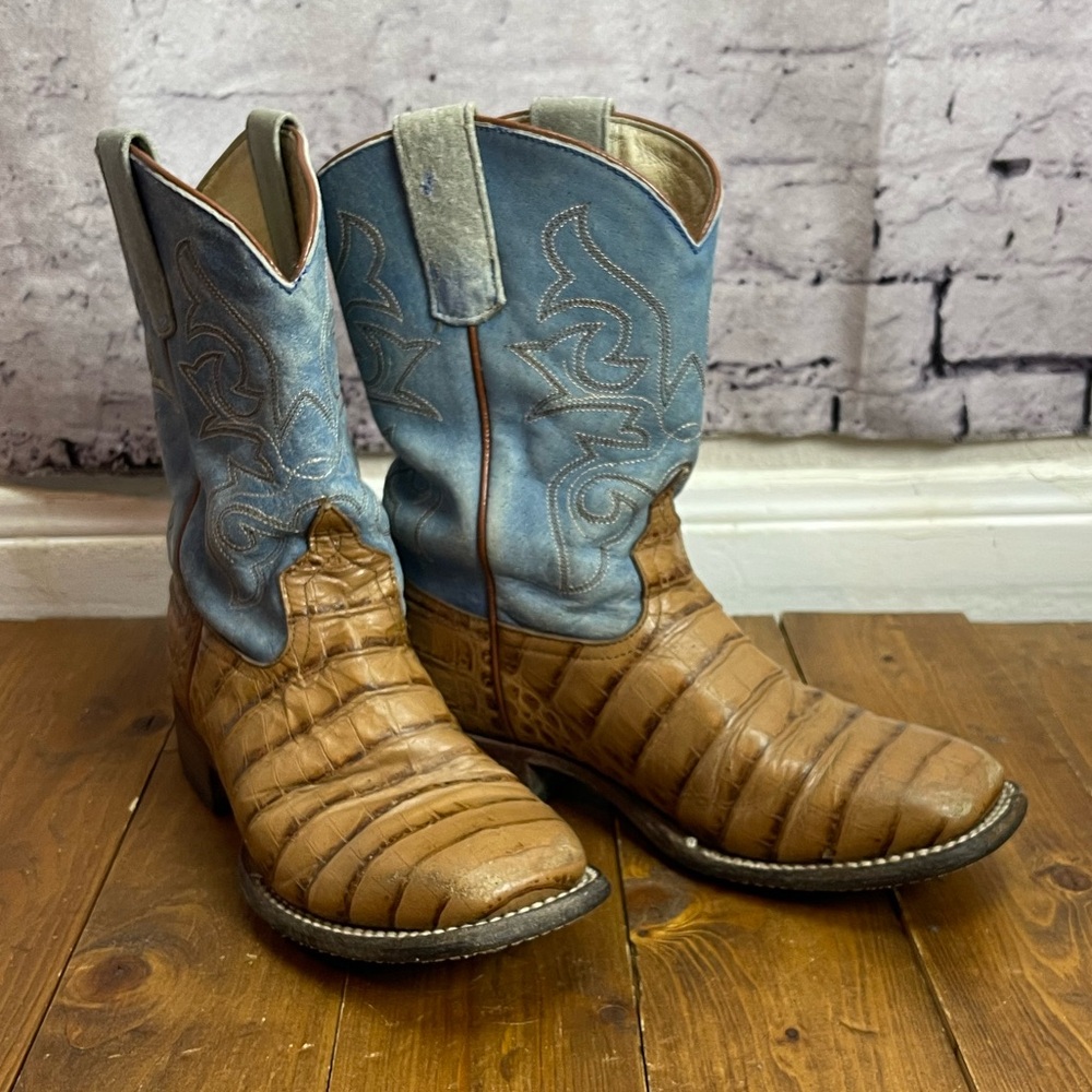 Horse power boys size 3 blue and tan square toe cowboy boots